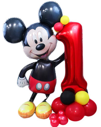 Mickey Mouse attached to a number one balloon